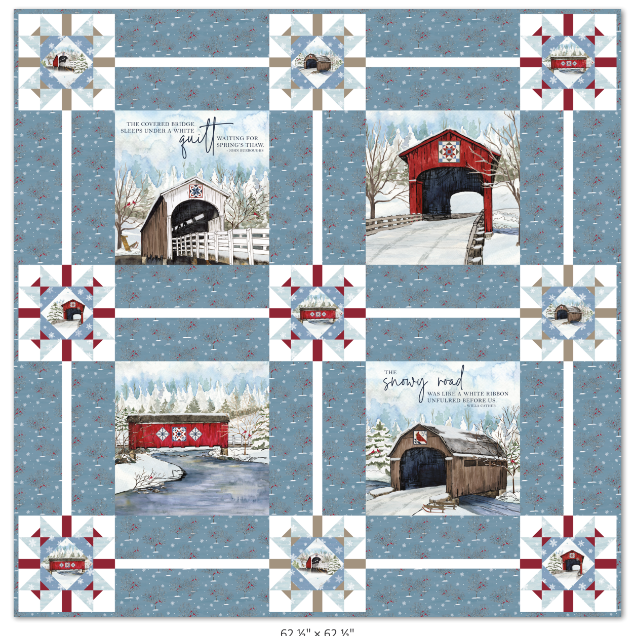 Covered Bridges in Winter-Pillow Panel Quilt, top & binding, 62.5x62.5"