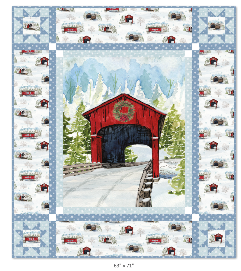 Covered Bridges in Winter-Panel Quilt, top & binding, 63x71"