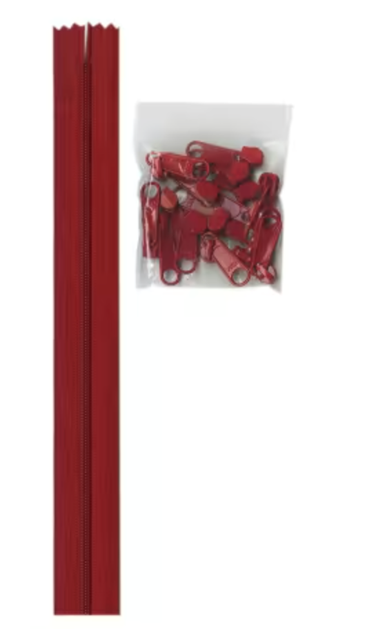 4 yards of 16mm #4.5 zipper chain and 16 Extra-Large Coordinated Pulls Hot Red