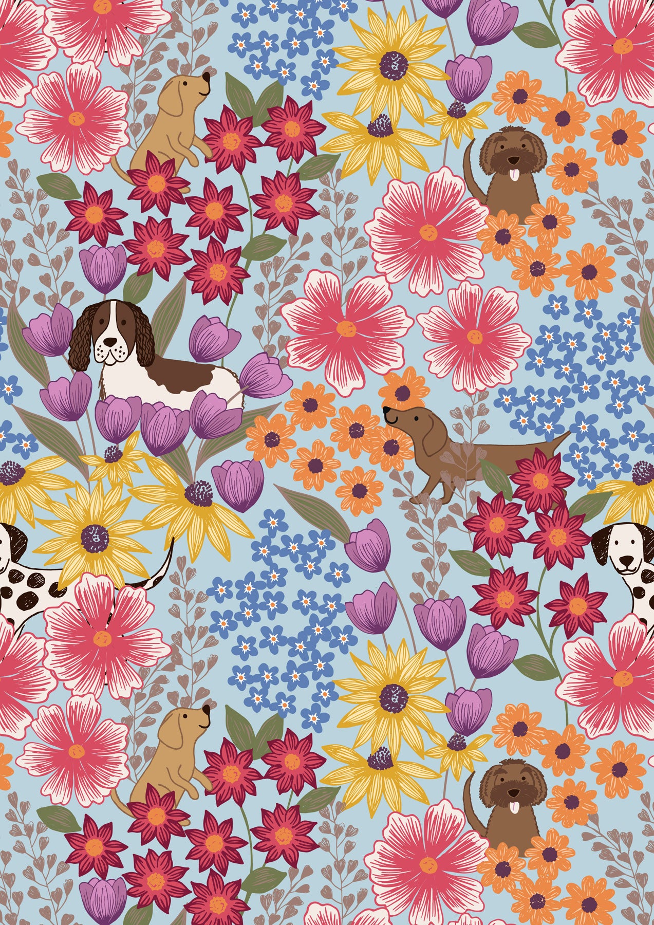 Paws and Claws-Dogs in flowers on blue