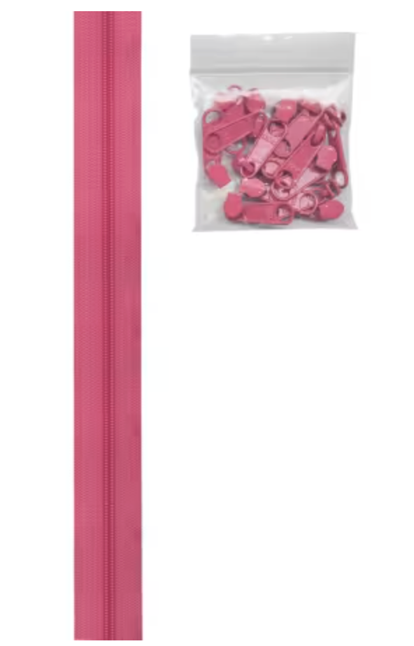 4 yards of 16mm #4.5 zipper chain and 16 Extra-Large Coordinated Pulls Raspberry